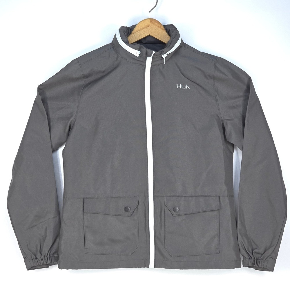 Huk Breaker Performance Windbreaker Jacket Gray Hooded Lightweight Shell Medium - Picture 2 of 16